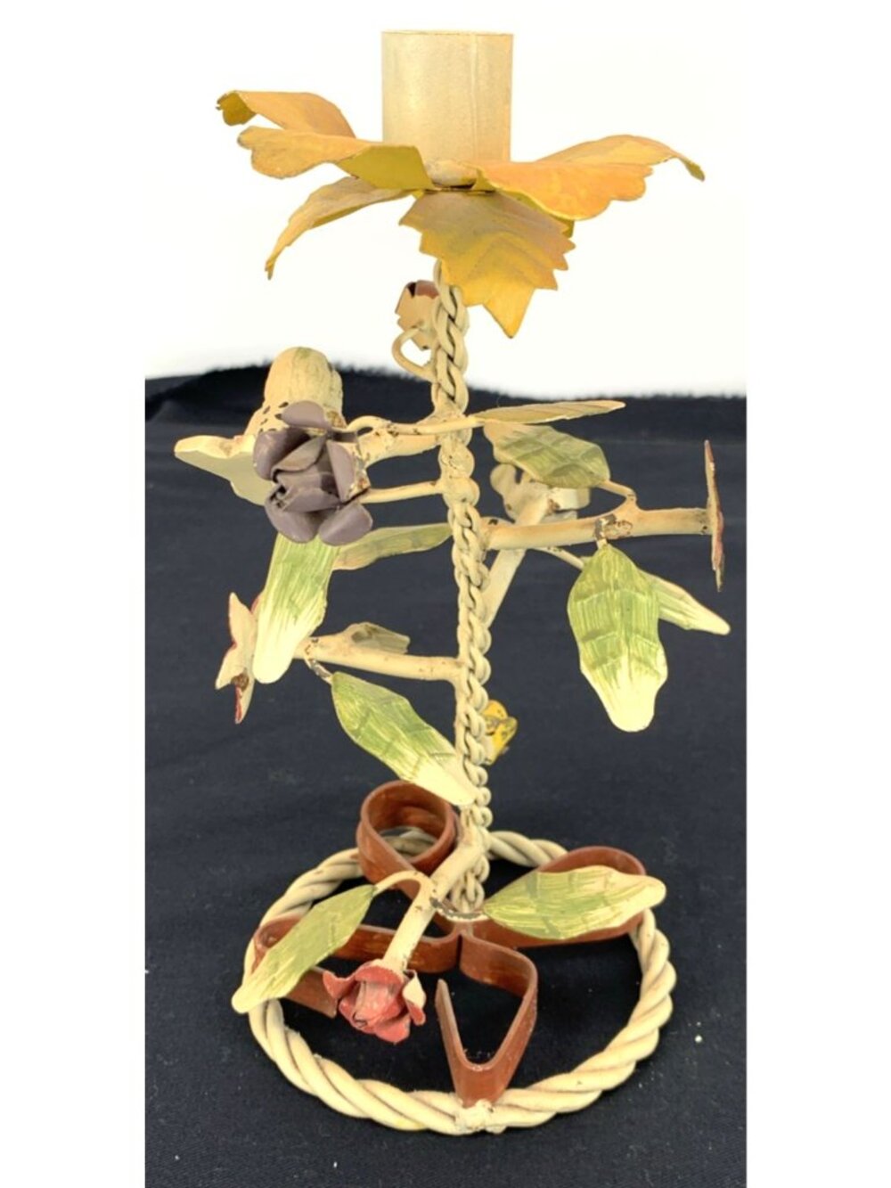 Italian Tole Candle Holder Roses Bird Flowers 9" Tall Hand Painted Metal - Picture 2 of 6